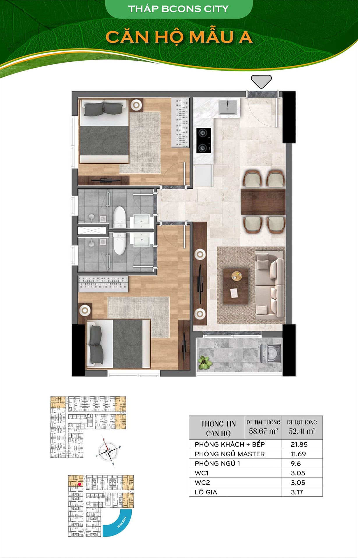 Sơ đồ bố cục layout căn hộ Bcons City Mẫu A diện tích 58.67m2