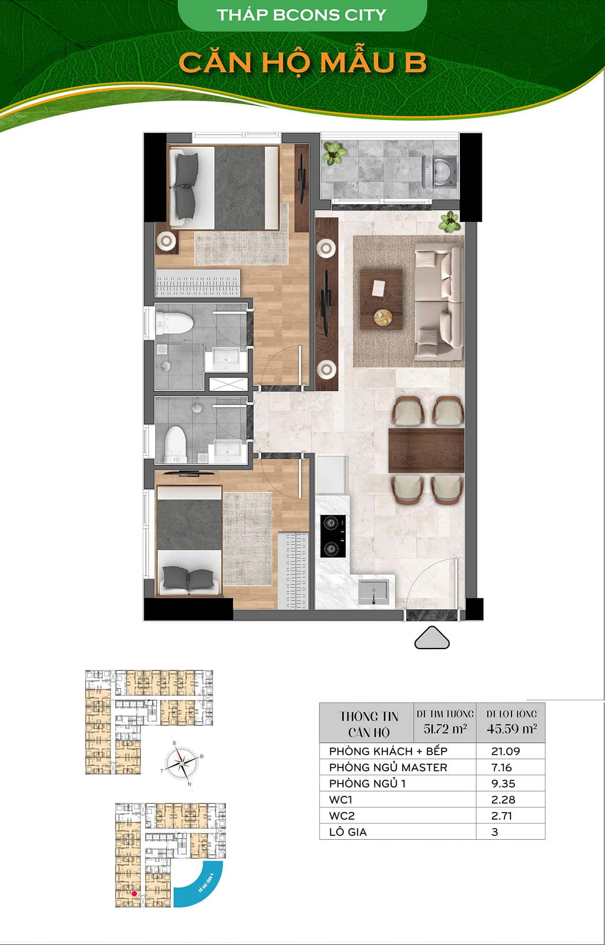 Mặt bằng thiết kế căn hộ Bcons City Mẫu B diện tích 51.72m2