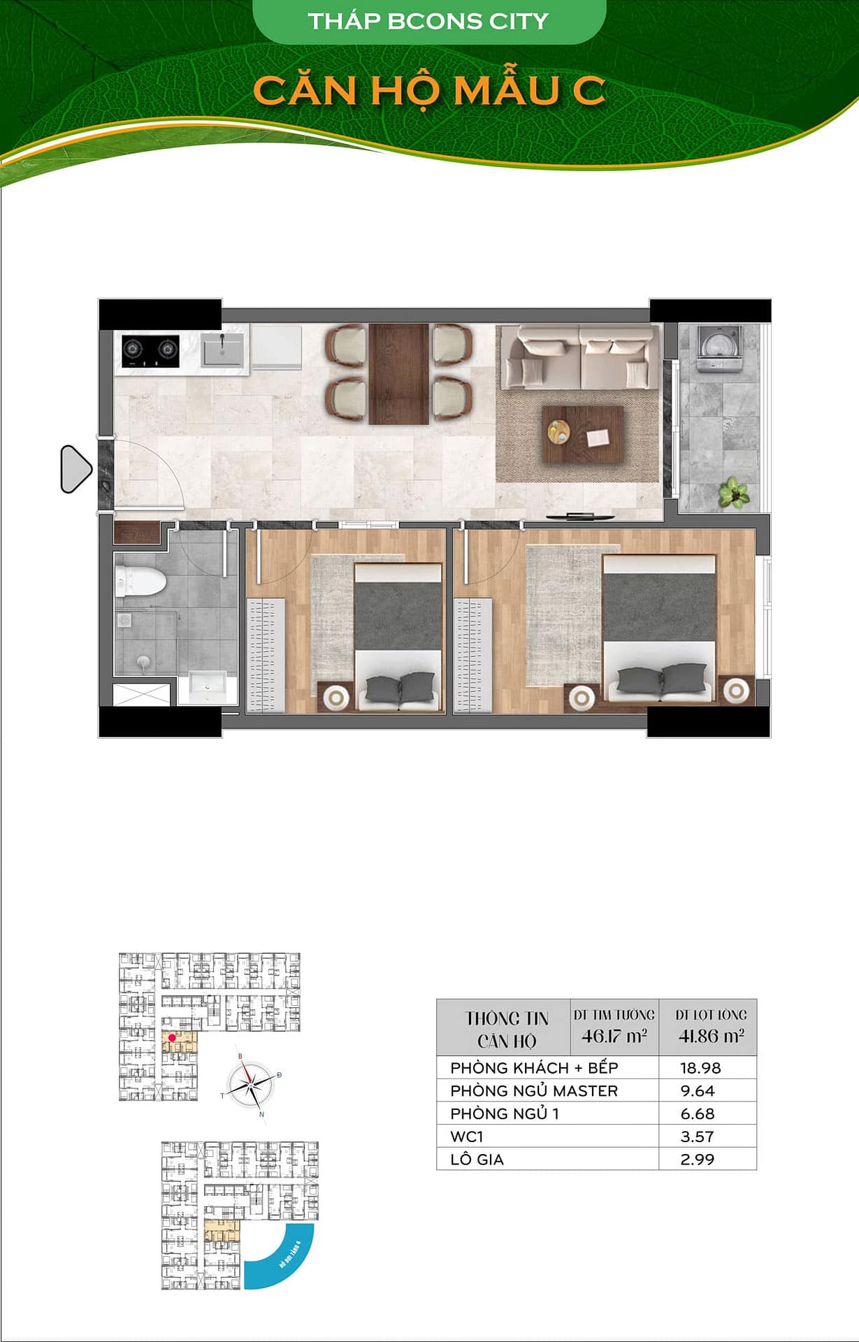 Mặt bằng thiết kế căn hộ Bcons City Mẫu C diện tích 46.17m2