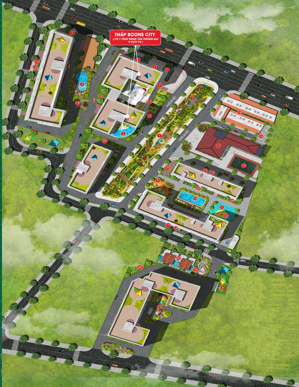 Mặt bằng phân loại và sắp xếp tiện ích tại Bcons City