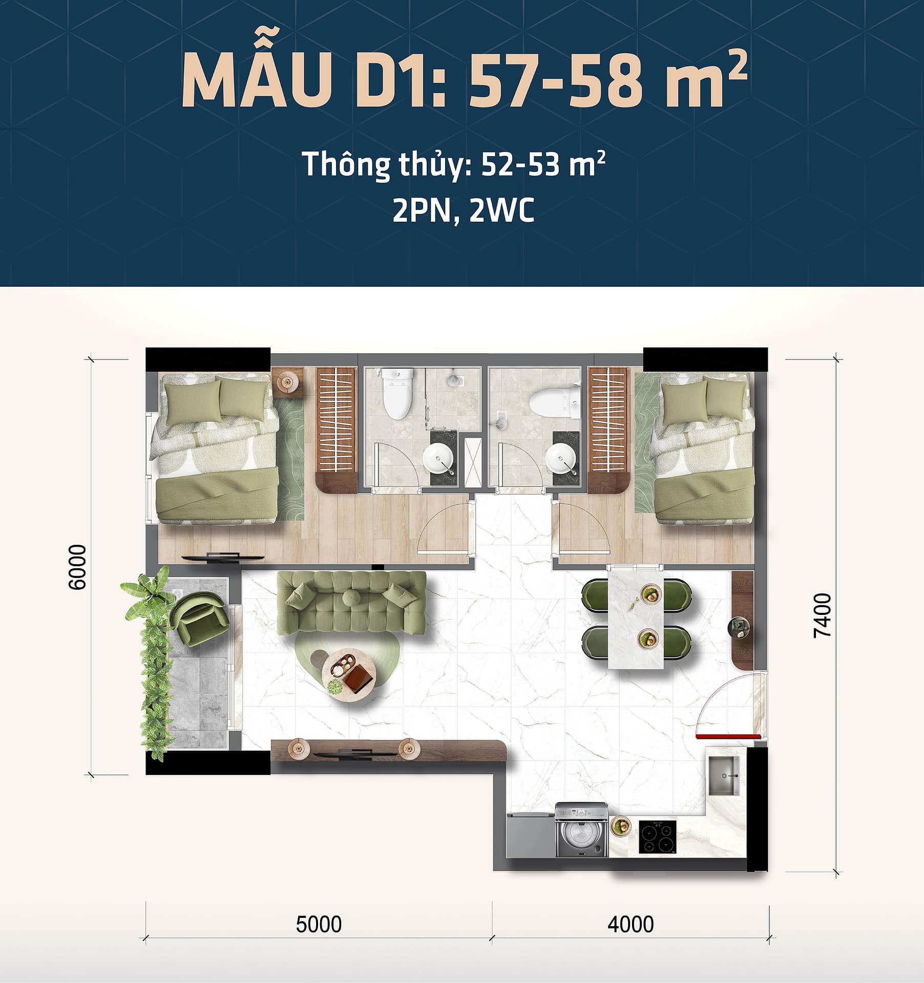 Thiết kế căn hộ 2PN Bcons Phan Trung - Bcons Central Park