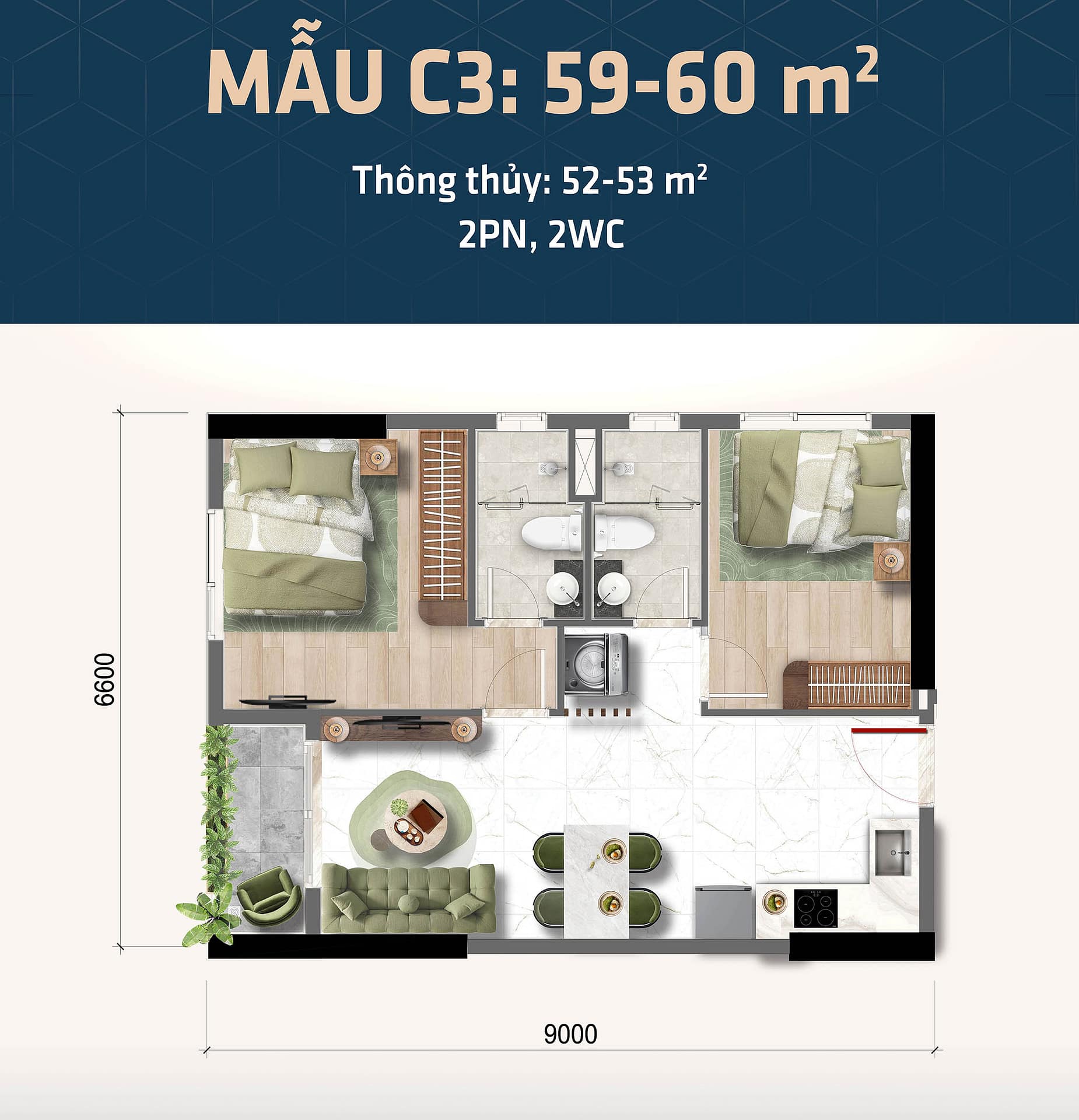 Thiết kế căn hộ 2PN Bcons Phan Trung - Bcons Central Park