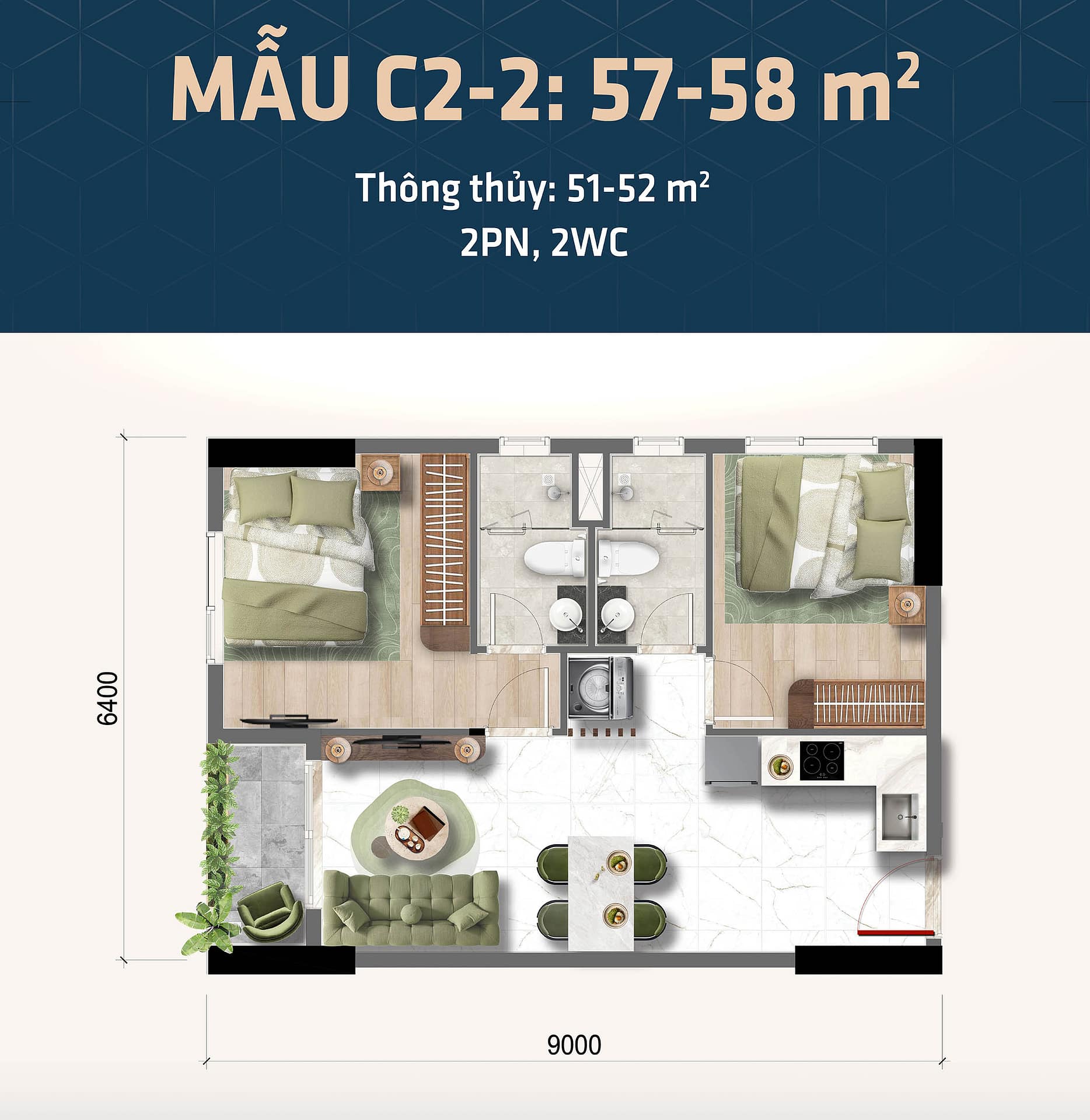 Thiết kế căn hộ 2PN Bcons Phan Trung - Bcons Central Park