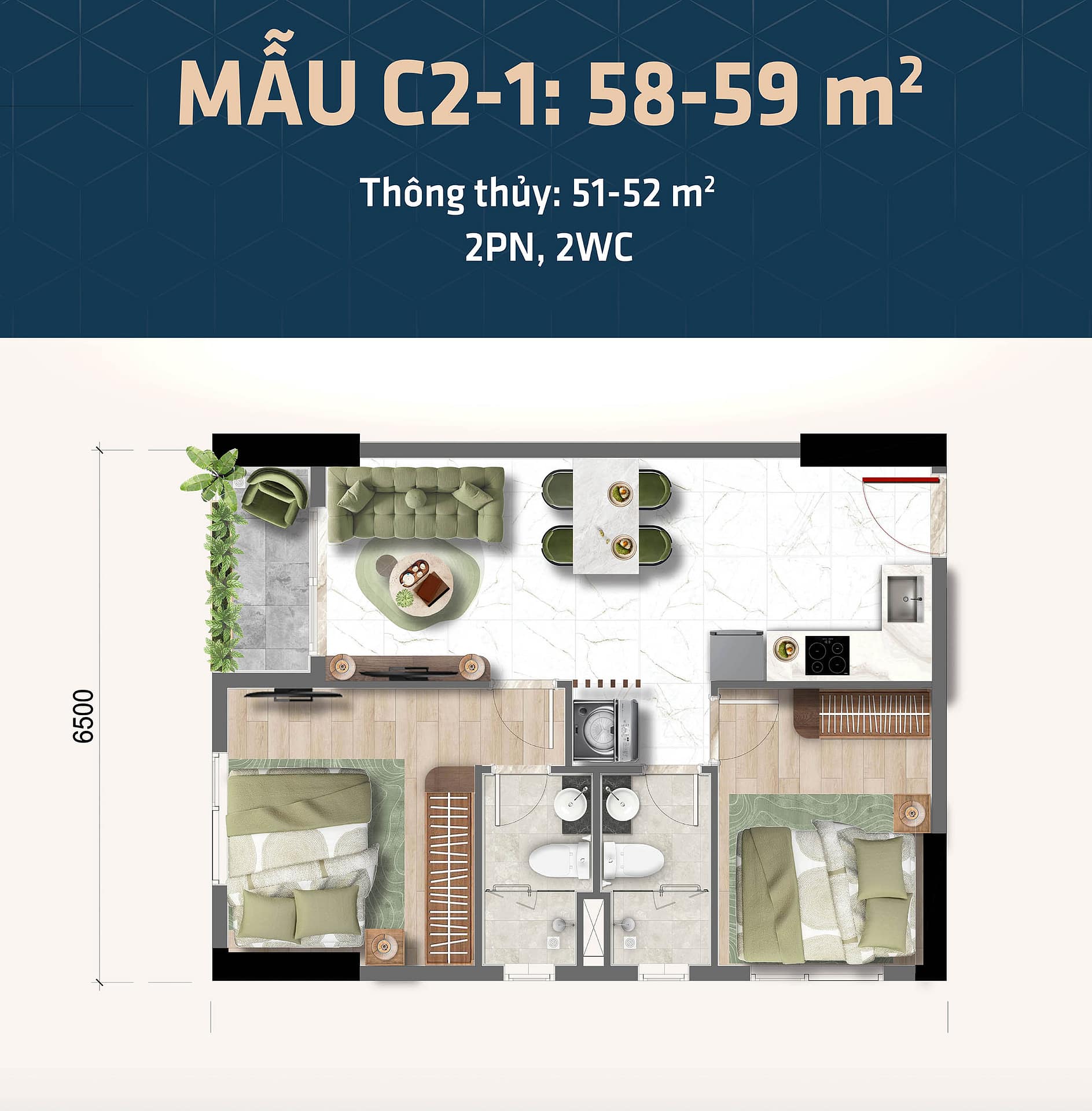 Thiết kế căn hộ 2PN Bcons Phan Trung - Bcons Central Park