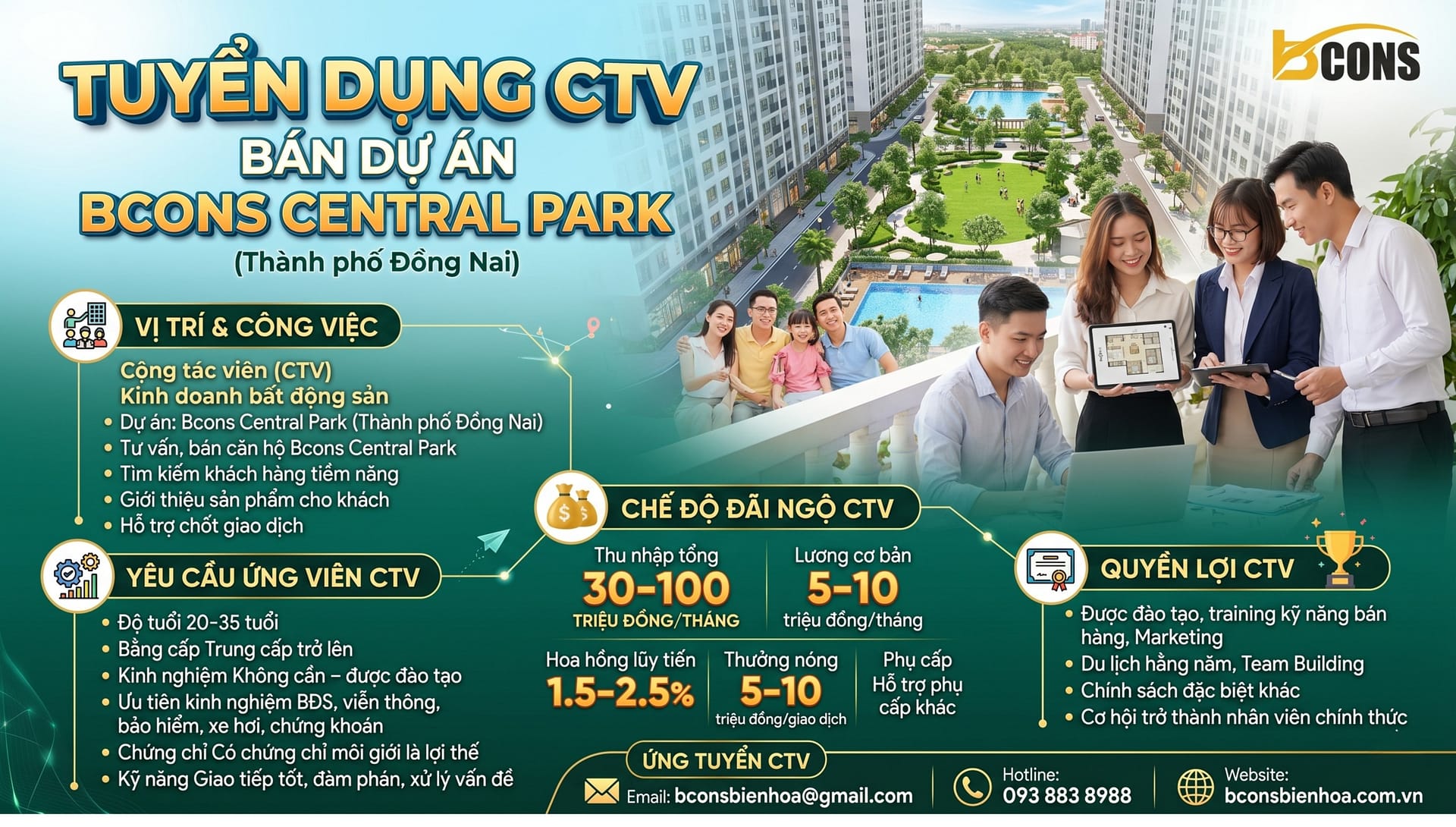 Tuyển Dụng CTV Bán Dự Án Bcons Central Park
